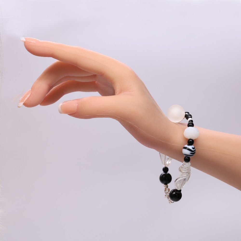 3 Piece Set Necklace Bracelet Earrings Black White Crystals Stripped Glass Beads - Picture 6 of 8